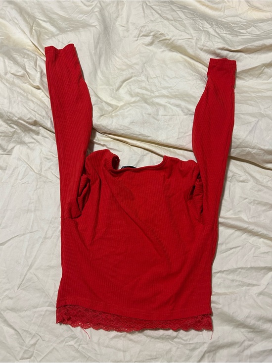 SHEIN Tops - SHEIN Red Long Sleeve Ribbed Top with Lace Hem